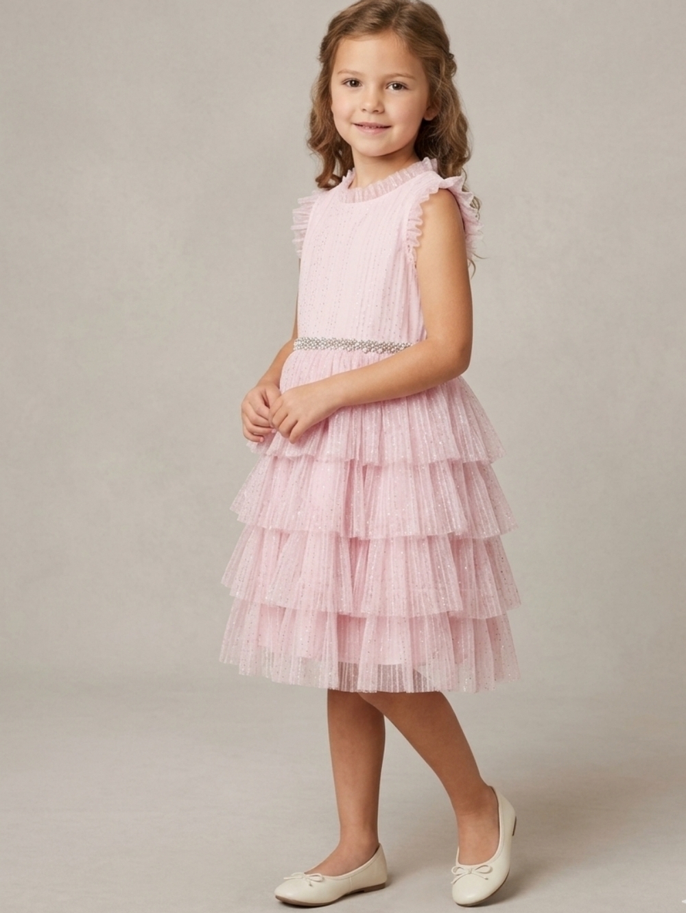 Pink & Violet Sparkling Pink Tiered Tulle Dress with Rhinestone Waist Size 5